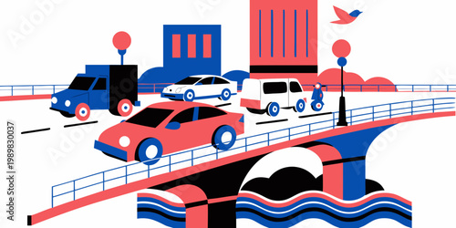 Urban city scene with cars delivery trucks scooters driving across a bridge over a river in a modern flat graphic illustration style urban life bridge traffic public transport road transport