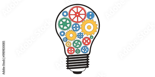 Hand drawn lightbulb outline filled with colorful mechanical gears and cogs symbolizing technical innovation engineering and creative problem solving on a white background lightbulb mechanism