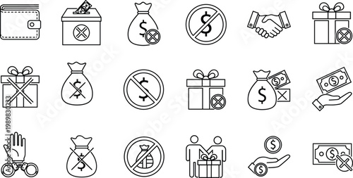 Anti-Corruption and Anti-Bribery Icon Set Featuring Forbidden Money Bags, Handcuffs, No Cash Symbols, Honesty Handshakes, and Ethical Business Gift Policy Illustrations for Corporate Compliance.