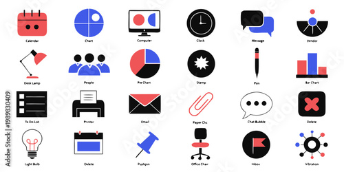 Professional office supplies and business productivity icon set with business productivity stationery calendar computer workplace organization planning analysis paperclip corporate elements