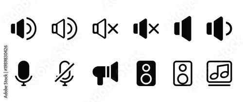 Audio and Sound Control Icon Set in Black Flat Vector Style