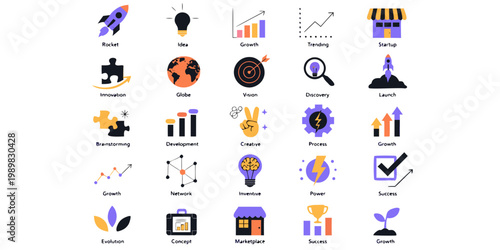 Collection of business startup and growth concept icons for innovation and project development with business innovation development strategy marketing leadership management creative evolution