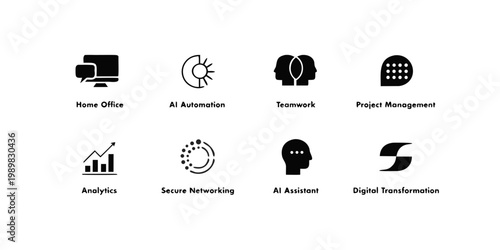 Corporate and technology icon collection representing digital transformation and business automation with technology business transformation automation analytics networking teamwork management