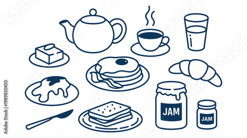 Breakfast food illustration vector featuring tea, coffee, pancakes, eggs, and pastry items, morning meal concept, cafe dining menu elements