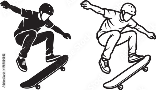 skateboarder jump icon set silhouette and outline trick vector illustration