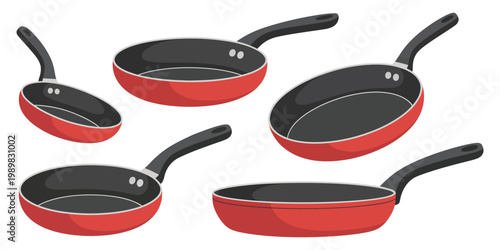 Frying pan illustration collection featuring various colors and sizes, kitchen cookware set, cooking utensil icons, and modern culinary equipment design
