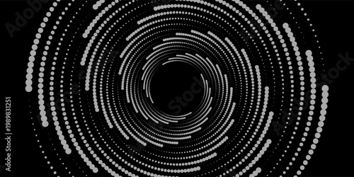 A dynamic black and white vortex pattern featuring concentric paths of varying-sized dots receding into a central void.