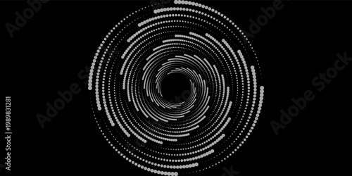 A dynamic black and white vortex pattern featuring concentric paths of varying-sized dots receding into a central void.