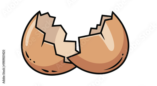 Cartoon illustration of a brown eggshell broken into two halves, simple food, cooking ingredient concept