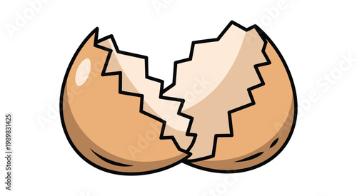 Cartoon illustration of a brown eggshell broken into two halves, simple food, cooking ingredient concept
