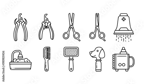 Animal grooming tools icons set vector thin line pet care equipment hairbrush clippers washing drying pictograms isolated white background