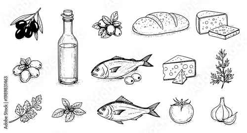 Mediterranean food sketch vector set with hand drawn black and white ingredients isolated on white background