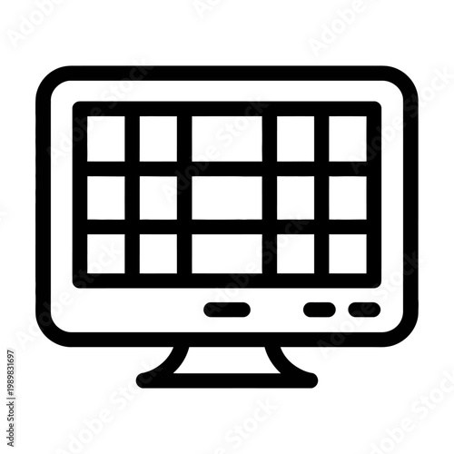 Vector graphic of a computer monitor displaying a grid on its screen in black lines.