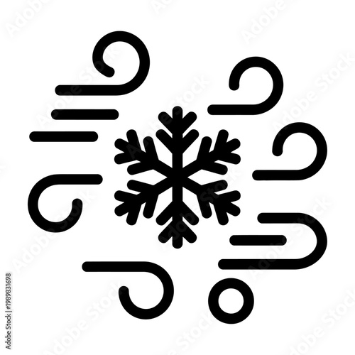 Vector graphic of a snowflake surrounded by swirling wind lines in black