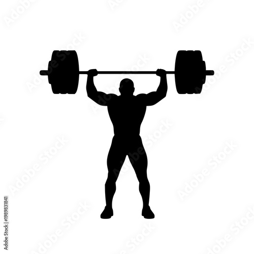 Bodybuilder Silhouette Lifting Heavy Barbell Overhead Isolated on White