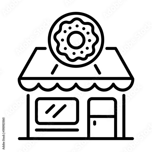 Vector of a small bakery shop with a donut on top, against a plain background.