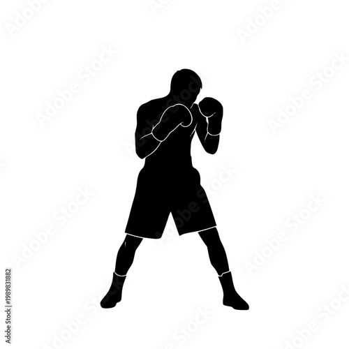 Male Boxer Silhouette in Fighting Stance Isolated on White