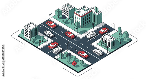 Cars on a city road intersection.