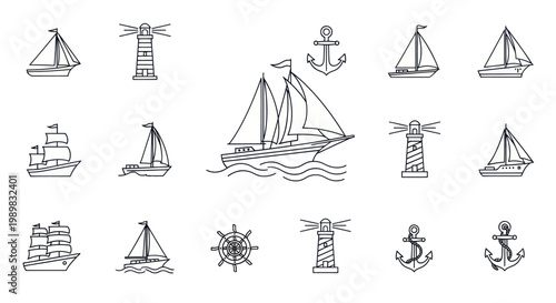 Nautical icons with ships and anchors.
