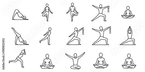 Yoga poses collection line art illustrations of various asanas