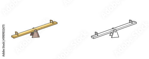 Wooden playground seesaw in flat color and black line styles featuring natural wood and brown colors used for children balance games and outdoor playground activities