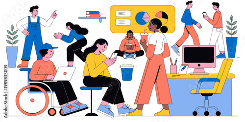 Diverse business team collaborating in a modern office environment with office life flat design office work teamwork business coworkers workplace collaboration computers technology meetings