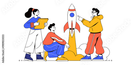 Business team collaborating on rocket ship startup project launch with teamwork business collaboration planning strategy innovation development communication management corporate cooperation