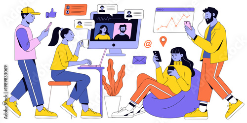 Professional team working remotely and communicating via conference technology with conference communication business teamwork collaboration technology internet connectivity professional