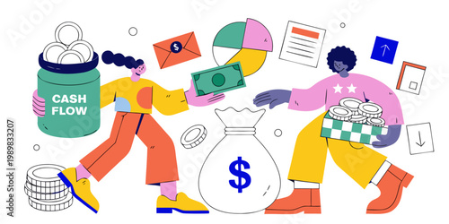 Two people managing cash flow with money bag and coins business financial management illustration earnings investment transaction withdrawal currency character activity exchange analysis