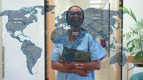 Nurse holding tablet in medical hallway while world map expanding and layering global health data