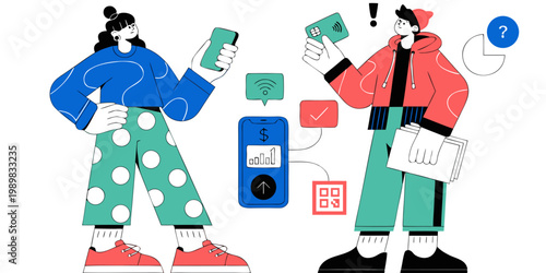 Modern digital payment and online banking concept with people and devices e commerce app interface mobile app financial technology digital wallet contactless payment secure payment pie chart