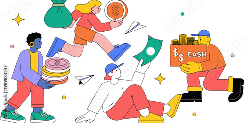 People interacting with money coins cash bags in a playful style cash bag cartoon characters personal finance money management financial literacy financial freedom investment business