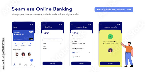 Screenshots of a seamless online banking application showing successful transaction with digital wallet user interface send money receive money personal finance transaction transfer successful