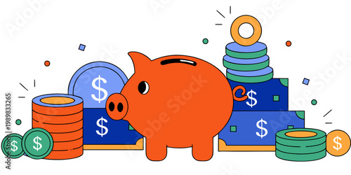 Piggy bank with coins and bills representing savings investment currency accumulation illustration financial treasure business collection