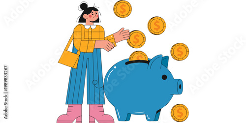 Woman saving money in a piggy bank with investment currency accumulation illustration financial business collection womanhood lifestyle
