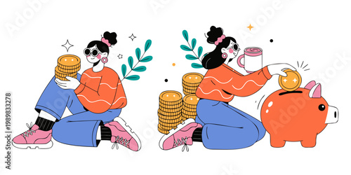 Woman saving money by putting coins into a piggy bank with financial illustration investment depositing lifestyle personal planning management business commerce currency banknote exchange