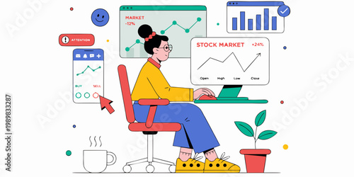Woman analyzing stock market graphs and charts on computer screen online trading concept flat design market research business person desk job user interface investment computer analysis