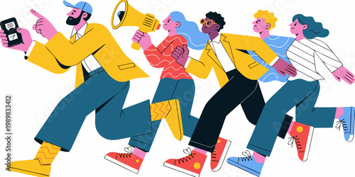 Diverse group of people communicating and marching forward with purpose flat design communication marching illustration character business strategy teamwork leadership diversity megaphones