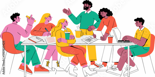 Team collaborating around a table with documents and coffee flat design teamwork collaboration business workplace discussion planning brainstorming strategy illustration communication