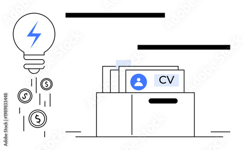 Recruitment process. Recruiting symbols with CV folder, creativity, and investment by lightbulb and coins. Recruitment highlights innovation and hiring. For HR, job research, and talent management