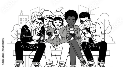Diverse group of happy young people sitting on a bench, smiling and interacting with their smartphones in an urban park background.
