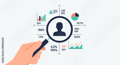 Hand holding a magnifying glass analyzing user profile data with business charts and KPI metrics on a bright studio background.