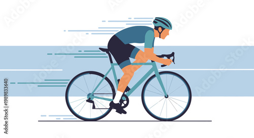 Energetic male cyclist riding a racing bicycle with speed lines on a blue background, depicting sport and active lifestyle.