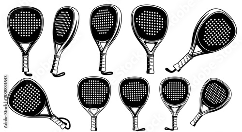 Collection of Padel tennis rackets in black and white, sport equipment on an isolated white background.