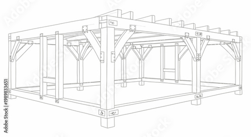 Outline drawing of a wooden pergola frame structure, ideal for garden design or outdoor patio concepts, isolated white background.
