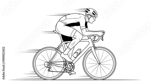 Dynamic line art drawing of a professional cyclist in a racing posture on a road bike, speed and athleticism concept, isolated white background.
