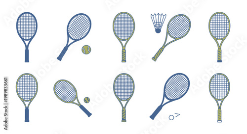 Various tennis rackets, a tennis ball, and a badminton shuttlecock, representing racket sports equipment, isolated white background.
