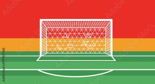 Soccer goal post with a net, set against a vibrant red, yellow, and green striped background, dynamic sports concept.