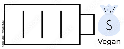 Renewable energy, eco-friendly lifestyle, vegan economy, sustainability, green technology, minimalism. Battery icon with money bag and vegan label. Renewable energy and eco-friendly lifestyle concept