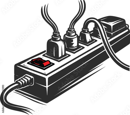 Minimal Black and White Power Strip Illustration with Plug Cables and Switch.
